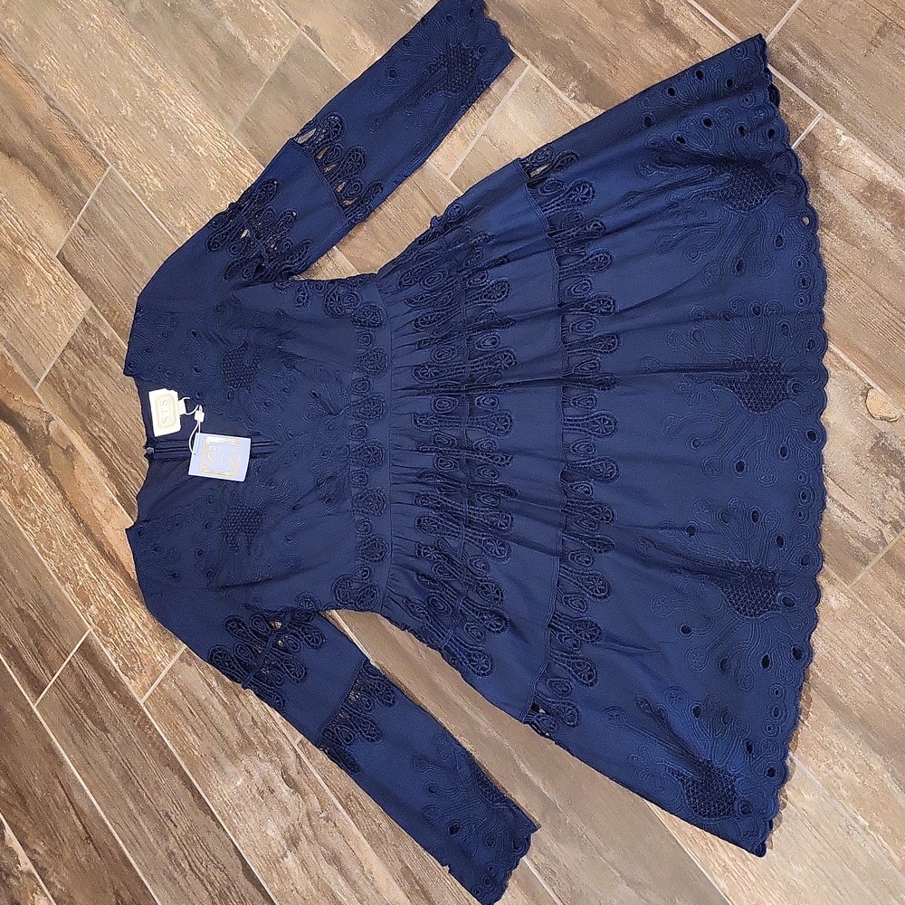 Sail to Sable Navy Blue Long Sleeve Eyelet Detail Lined Dress, Size 6